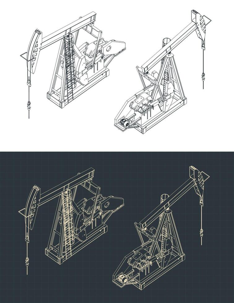 Oil pump jack isometric blueprints vector