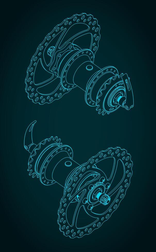Bicycle rear hub isometric technical drawings vector