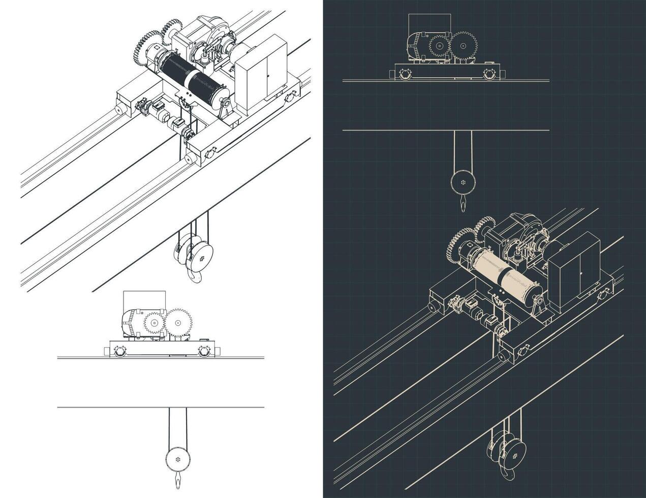 Double girder overhead crane electric chain hoist blueprints vector