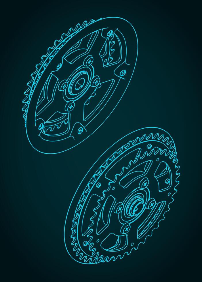 Crankset isometric technical drawings vector