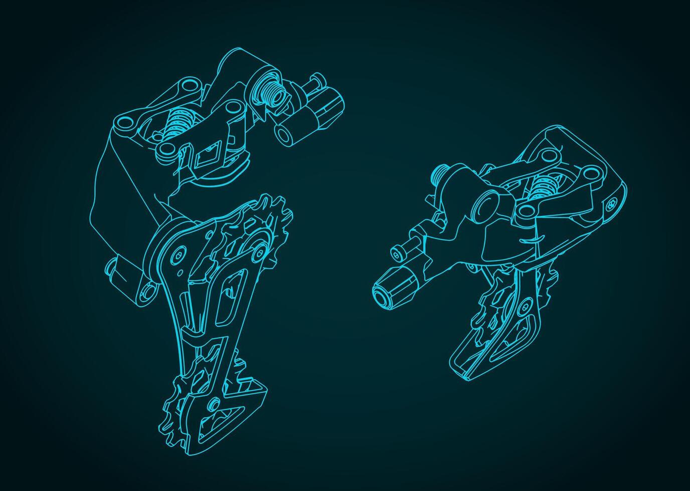 Bicycle rear derailleur isometric technical drawings vector