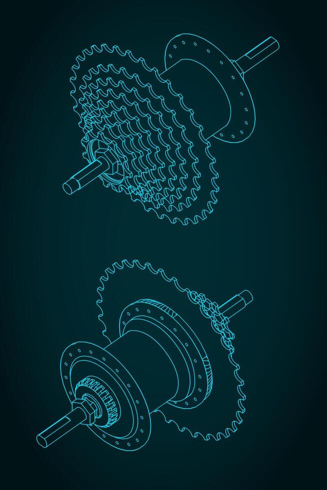 Bicycle Hub with cassette isometric technical drawings vector
