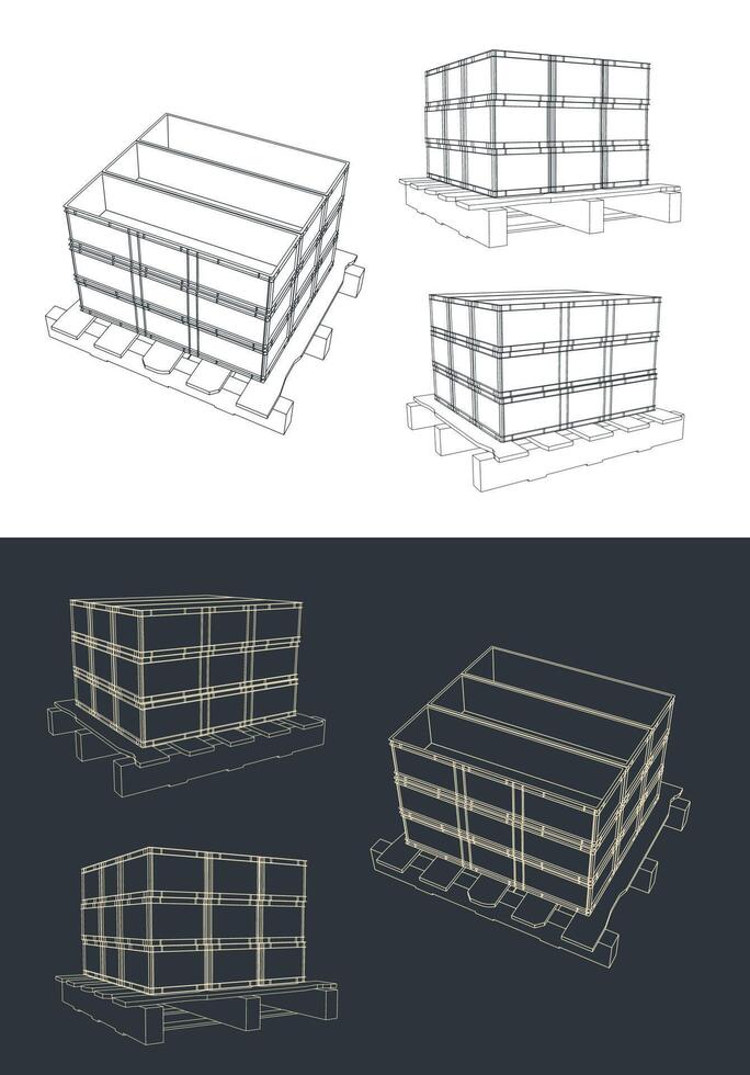 Plastic boxes on wooden pallets sketches Set vector