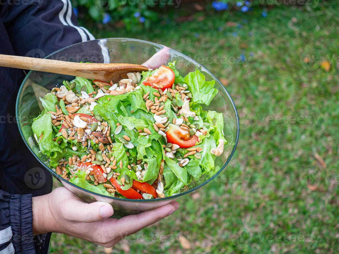 Hands carrying of a glass bowl with a fresh mixed vegetable salad, tomato, cashew nuts while standing in a garden. Close-up photo. Concept of healthy foods and healthcare photo