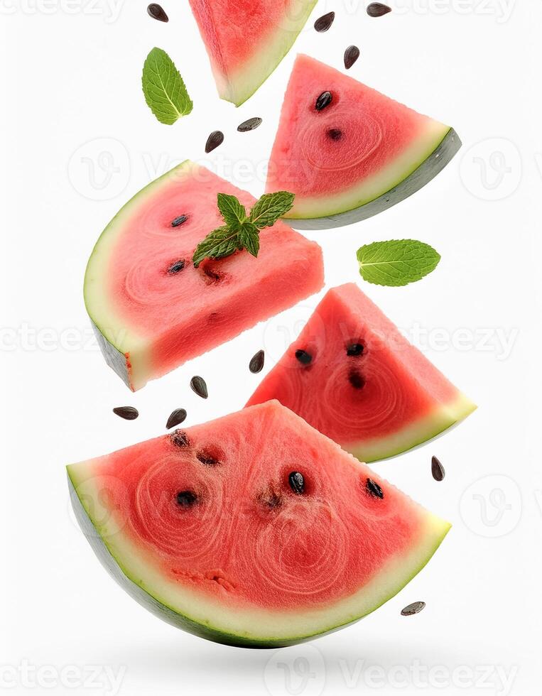 Flying pieces of fresh watermelon with mint and seeds isolated on white background photo