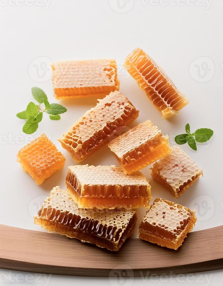 Sweet honeycombs on white background. isolated on white background photo