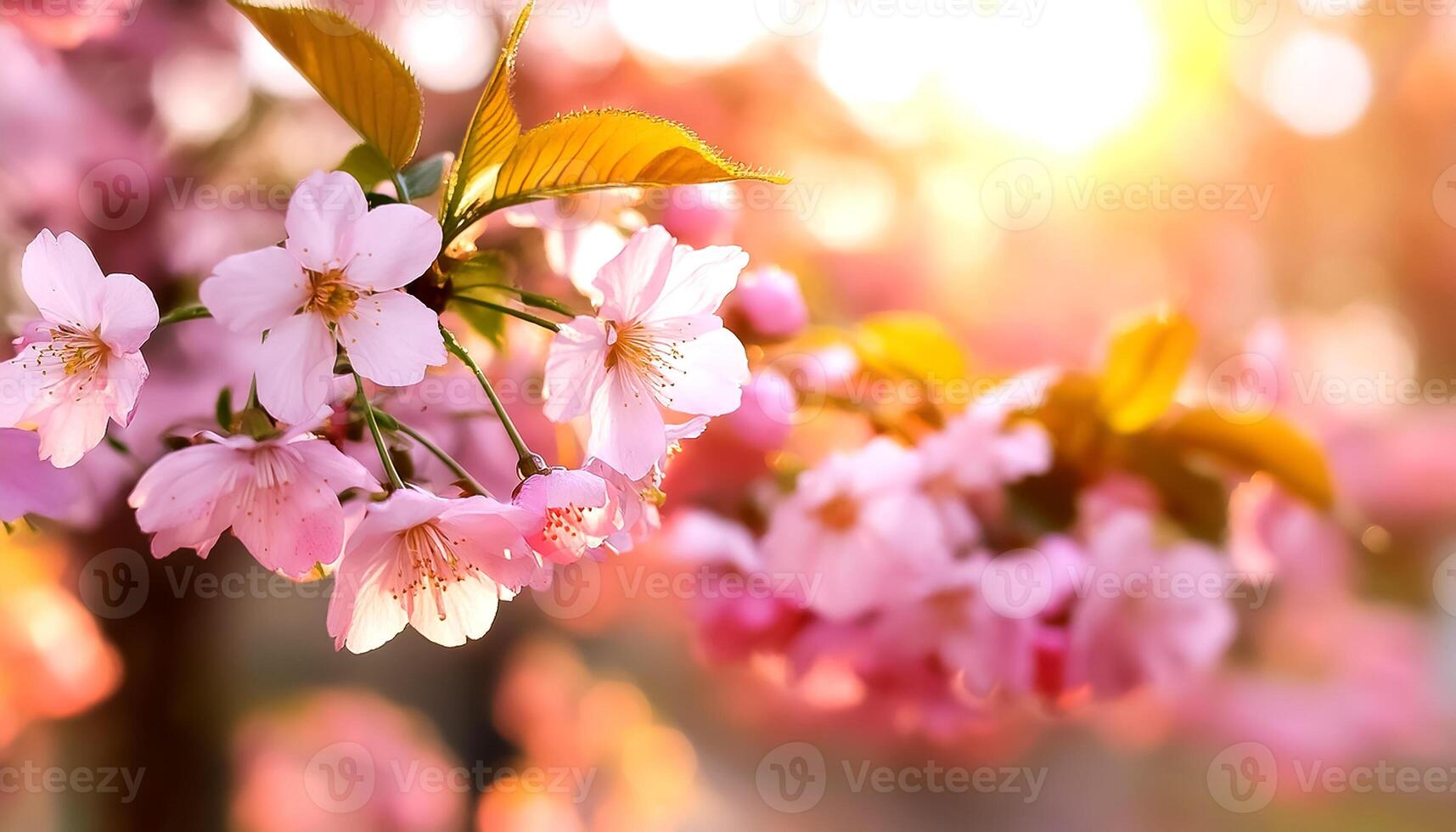 Horizontal banner with sakura flowers of pink color on sunny backdrop. photo