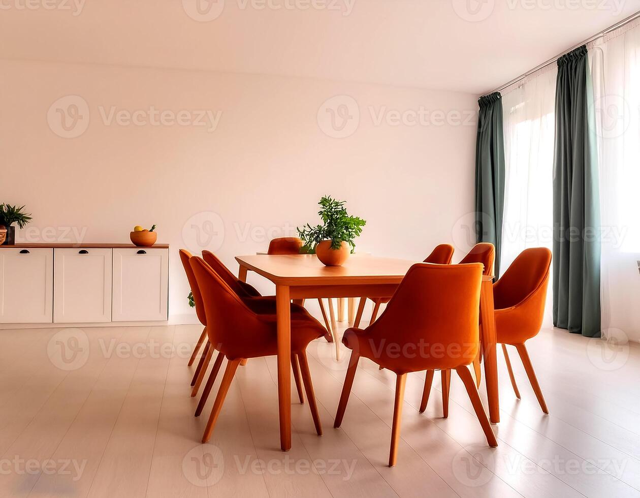 Modern interior design of apartment, dining room with table and chairs, empty living room with beige wall, panorama photo