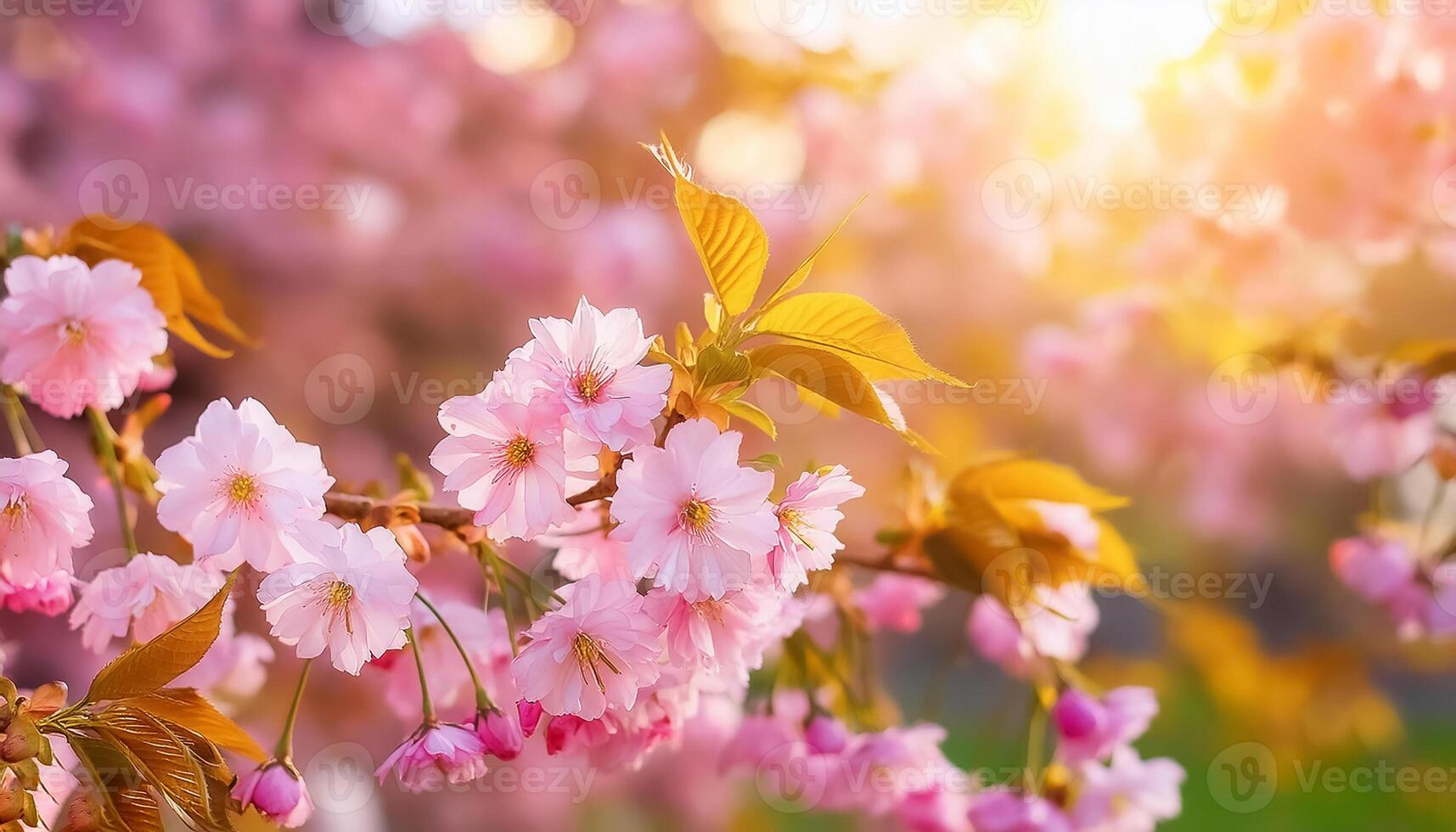 Horizontal banner with sakura flowers of pink color on sunny backdrop. photo