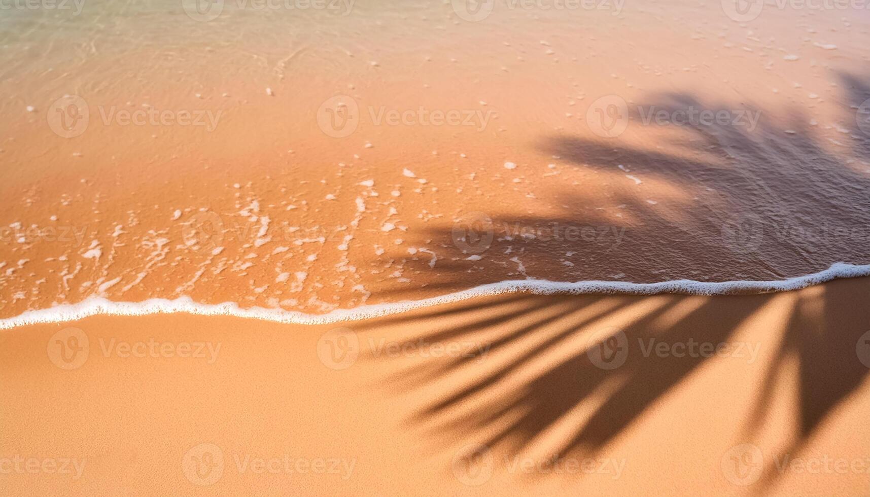 empty abstract sand beach with palm leaf shadow and transparent water wave from above, blank background banner for travel, vacation and wellbeing with copy space. top of views, aerial views photo