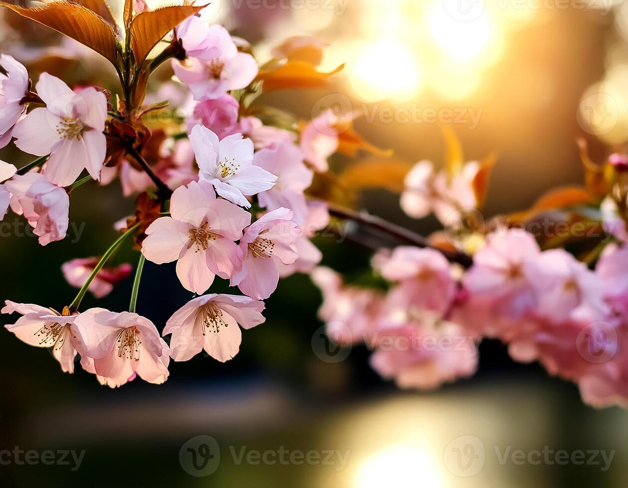 Horizontal banner with sakura flowers of pink color on sunny backdrop. photo