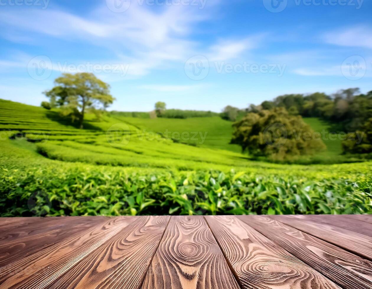 Circle wooden table top with blurred tea plantation landscape with blue sky and blurred green tea garden Natural background product display concept. photo