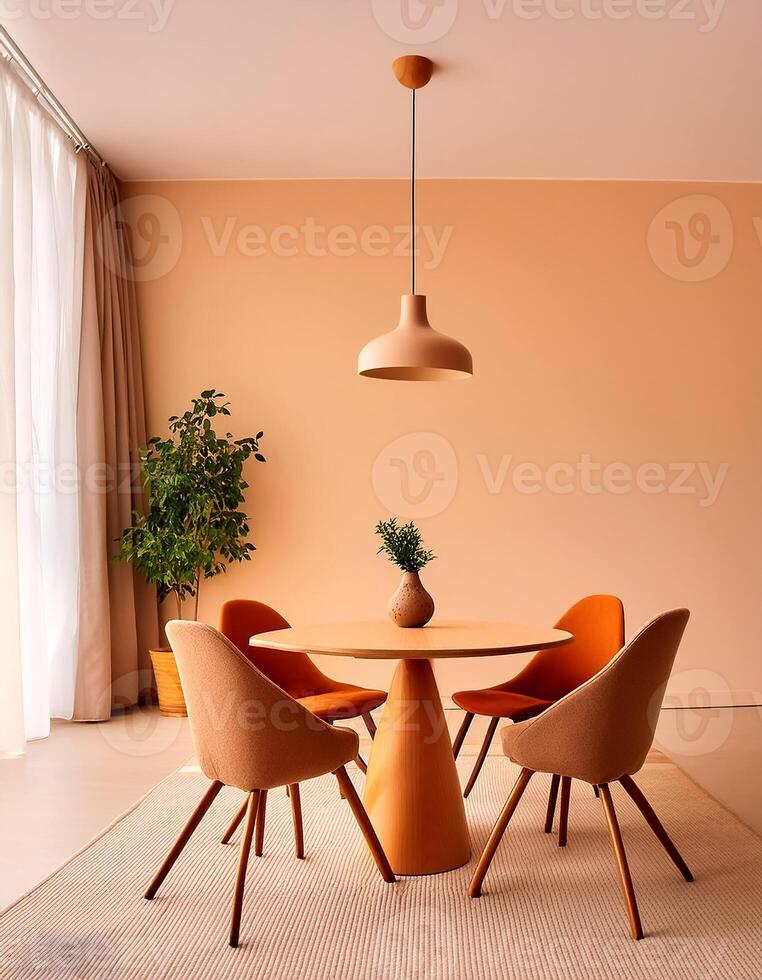 Modern interior design of apartment, dining room with table and chairs, empty living room with beige wall, panorama photo