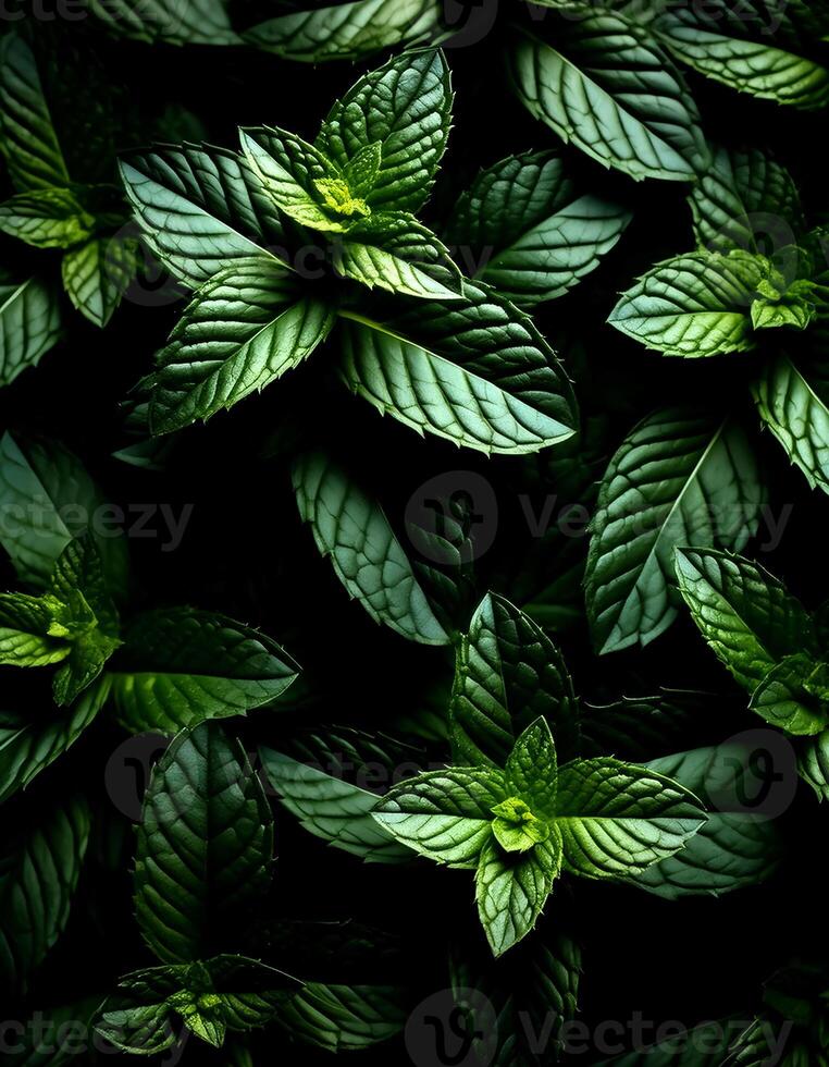 Mint leaves background. Green Peppermint leaves Pattern layout design Top of view. photo
