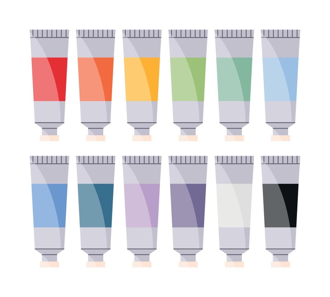 Set of 12 paint tubes. Colorful oil or watercolor paints. Artist equipment icons. illustration vector