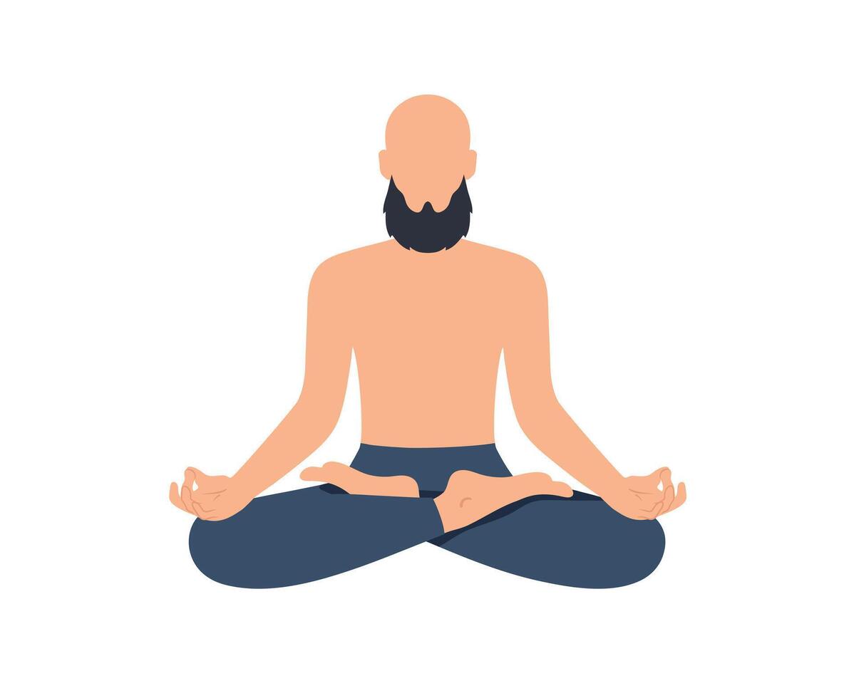 Abstract bald man with beard sitting in lotus pose. Meditating male isolated on white background. International yoga day. illustration vector