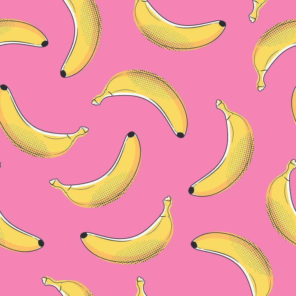 Banana fruit seamless pattern in pop art style. Bananas decorated with dots on pink background. illustration vector