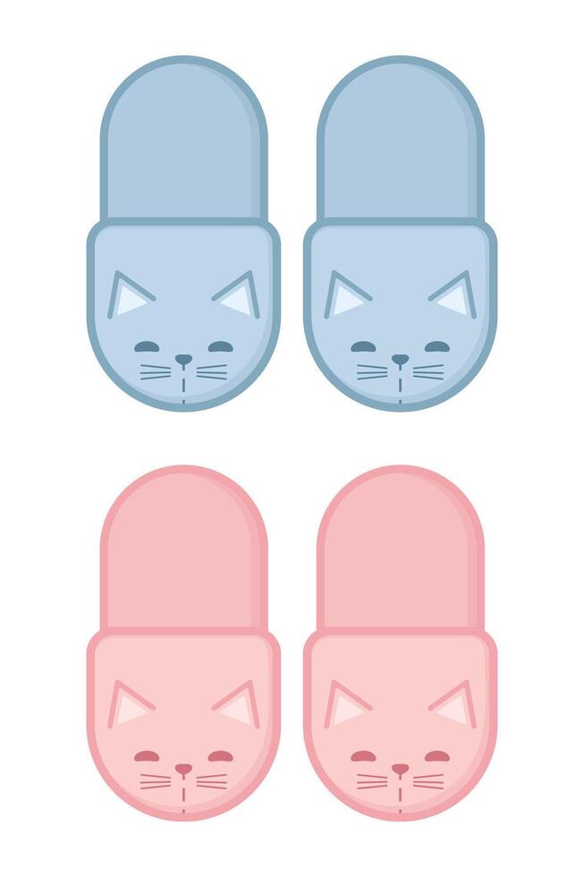 Pink and blue cat slippers. House slippers with cat face. illustration vector
