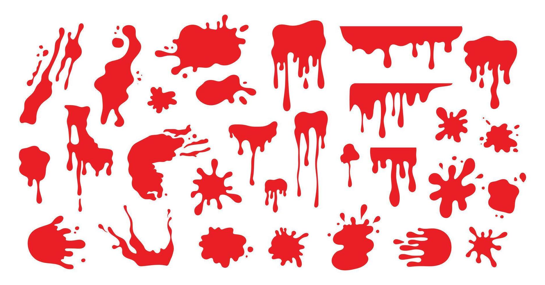 Hand drawn blood splash set. Blood stains, splatter, drops and blobs of blood in various shapes. illustration vector