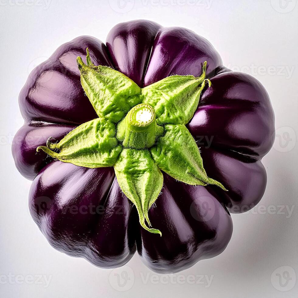 Top of view of fresh eggplant with stem on the white background photo
