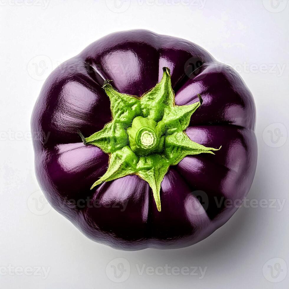 Top of view of fresh eggplant with stem on the white background photo