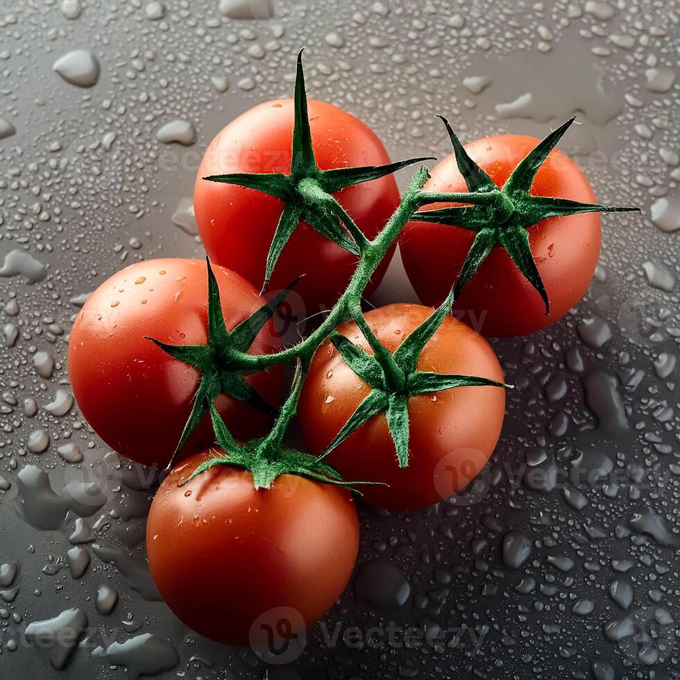 Overhead Shot. CLOSE UP SHOOT of Tomatoes with visible Water Drops photo