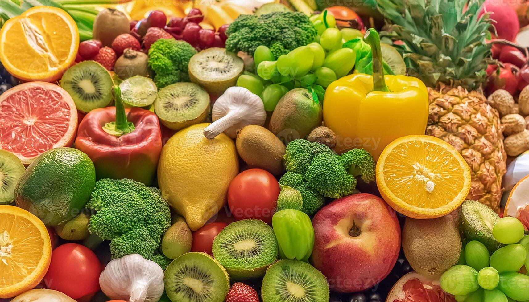 Beautiful close-up detail Assorted fruits and vegetables pattern texture background, photo