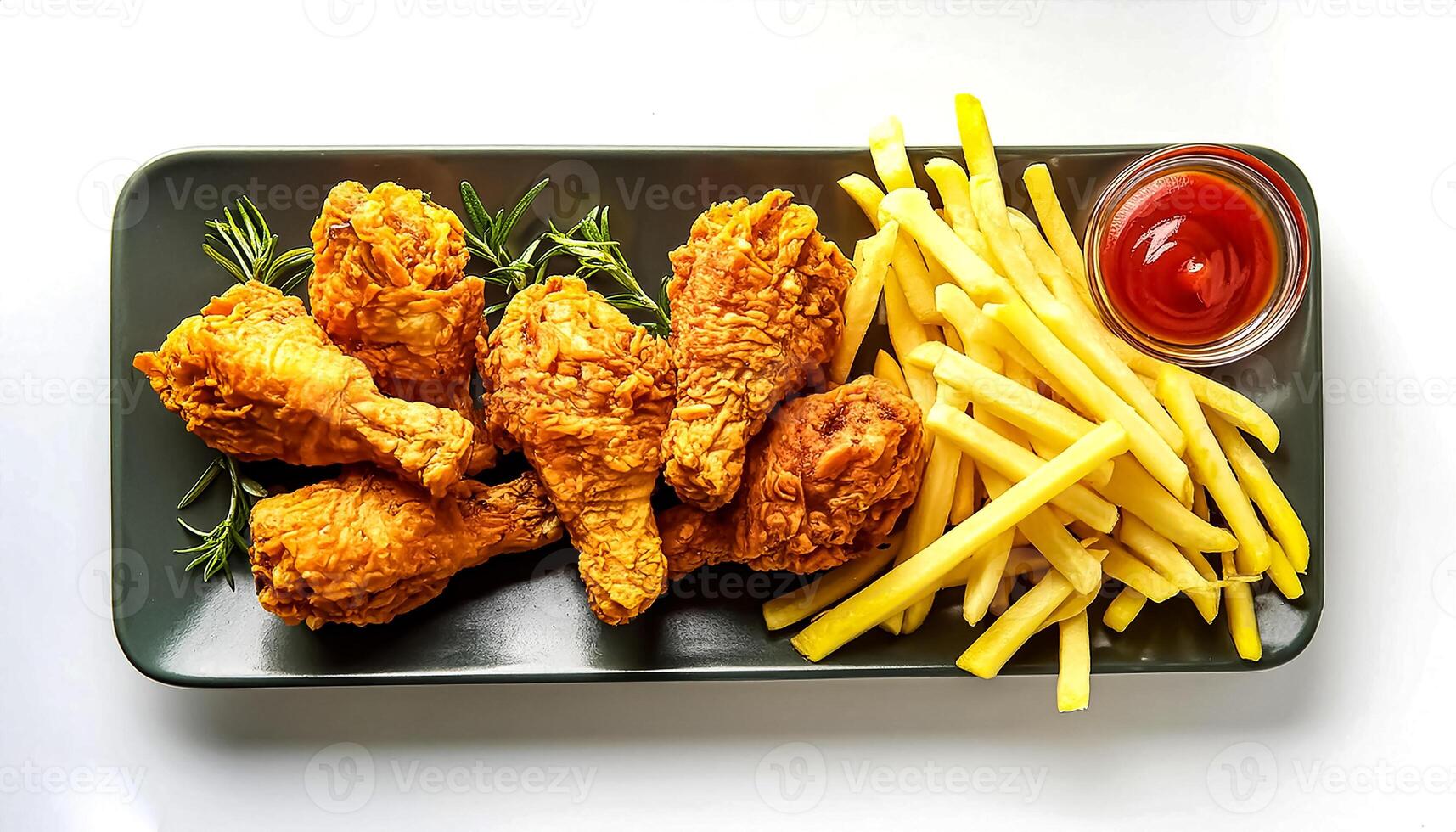fried chicken with french fries isolated on white background. photo