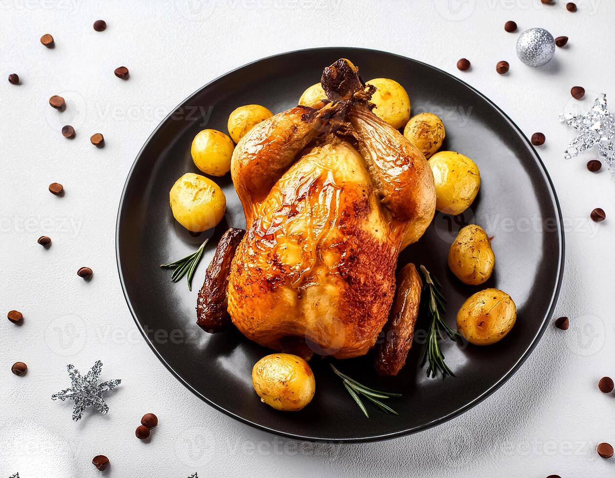 Creative food concept. Roasted chicken with potatoes on dark plate. Close-up. Top-view. against a white background.-Roasted chicken It's a golden brown color that's freshly baked. mock up. photo