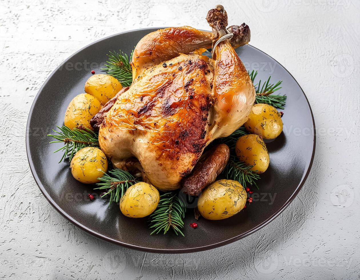 Creative food concept. Roasted chicken with potatoes on dark plate. Close-up. Top-view. against a white background.-Roasted chicken It's a golden brown color that's freshly baked. mock up. photo