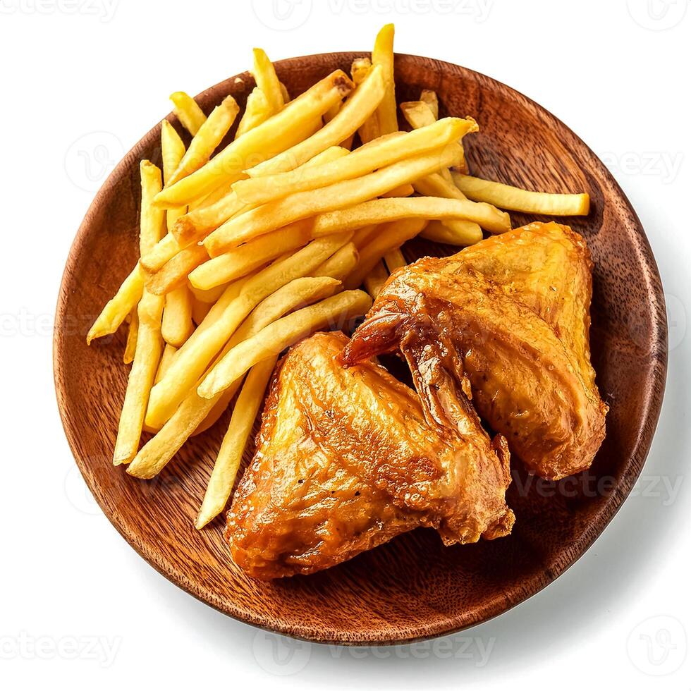 fried chicken with french fries isolated on white background photo