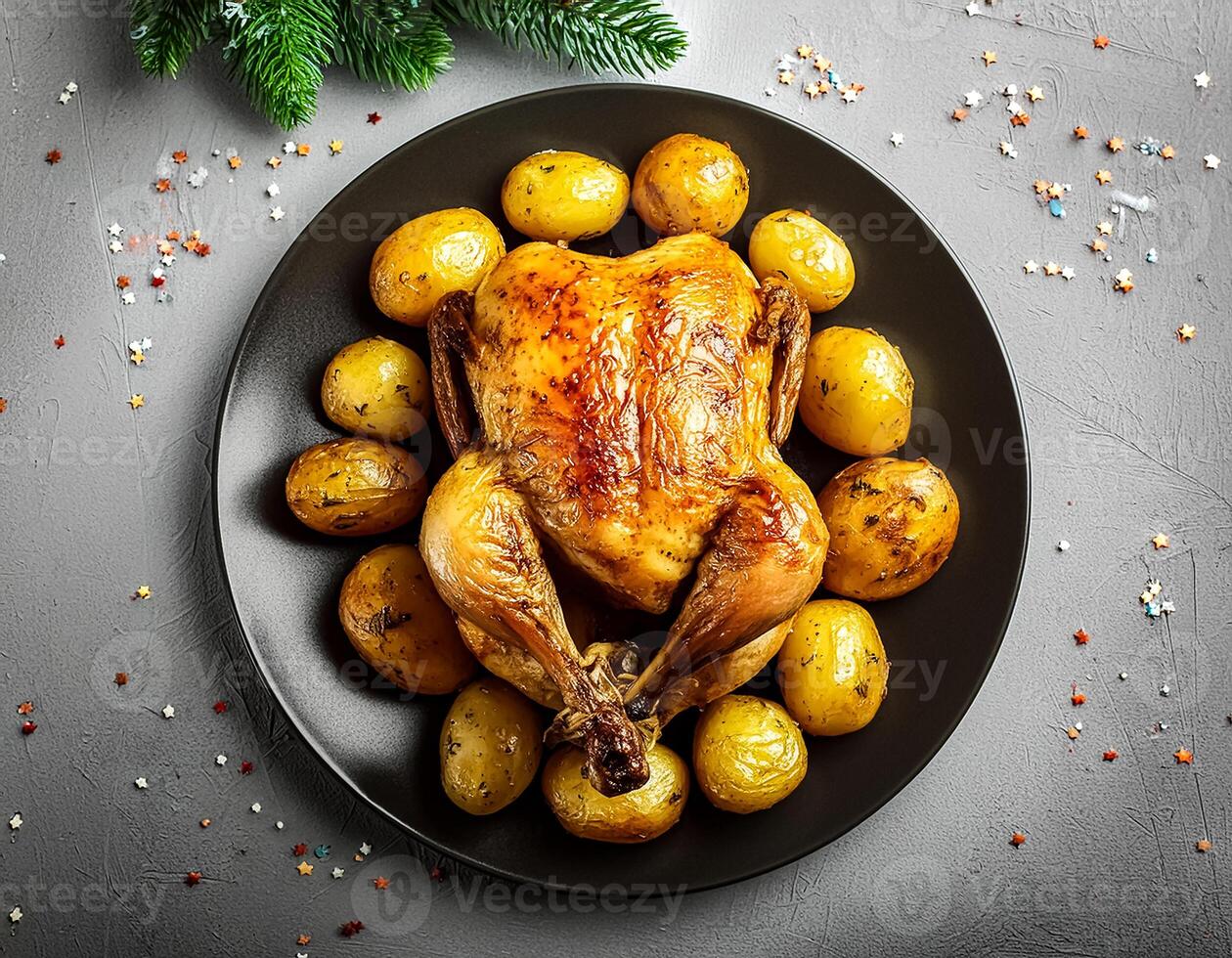 Creative food concept. Roasted chicken with potatoes on dark plate. Close-up. Top-view. against a white background.-Roasted chicken It's a golden brown color that's freshly baked. mock up. photo
