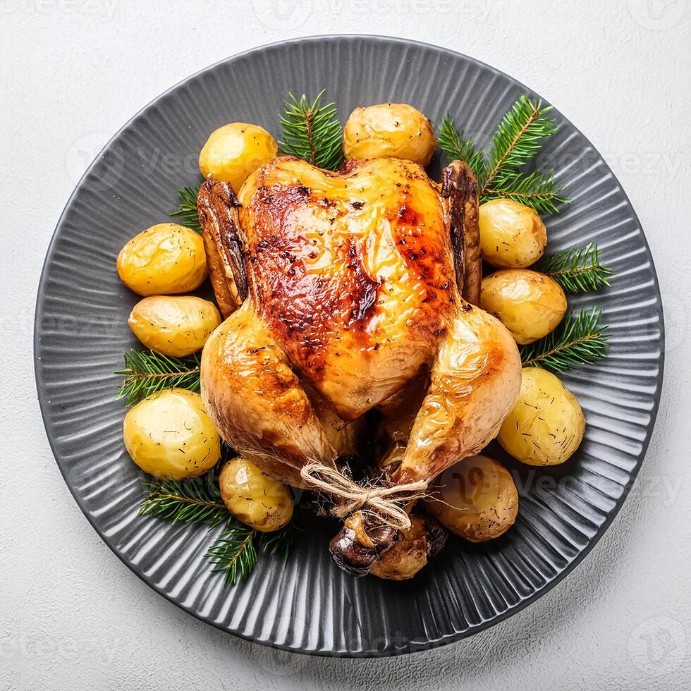 Creative food concept. Roasted chicken with potatoes on dark plate. Close-up. Top-view. against a white background.-Roasted chicken It's a golden brown color that's freshly baked. mock up. photo