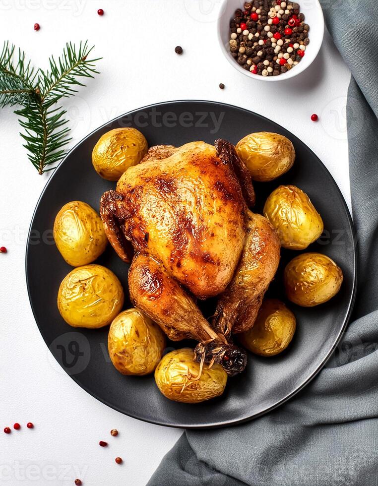 Creative food concept. Roasted chicken with potatoes on dark plate. Close-up. Top-view. against a white background.-Roasted chicken It's a golden brown color that's freshly baked. mock up. photo