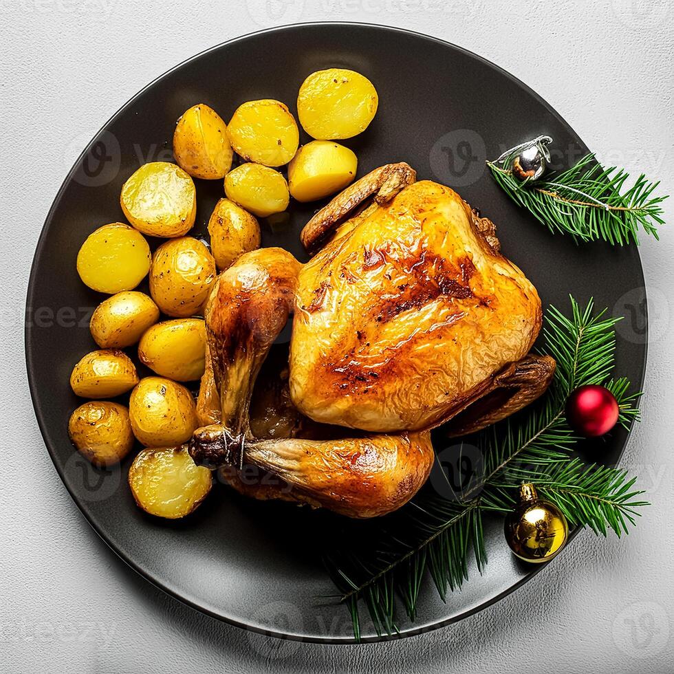 Creative food concept. Roasted chicken with potatoes on dark plate. Close-up. Top-view. against a white background.-Roasted chicken It's a golden brown color that's freshly baked. mock up. photo