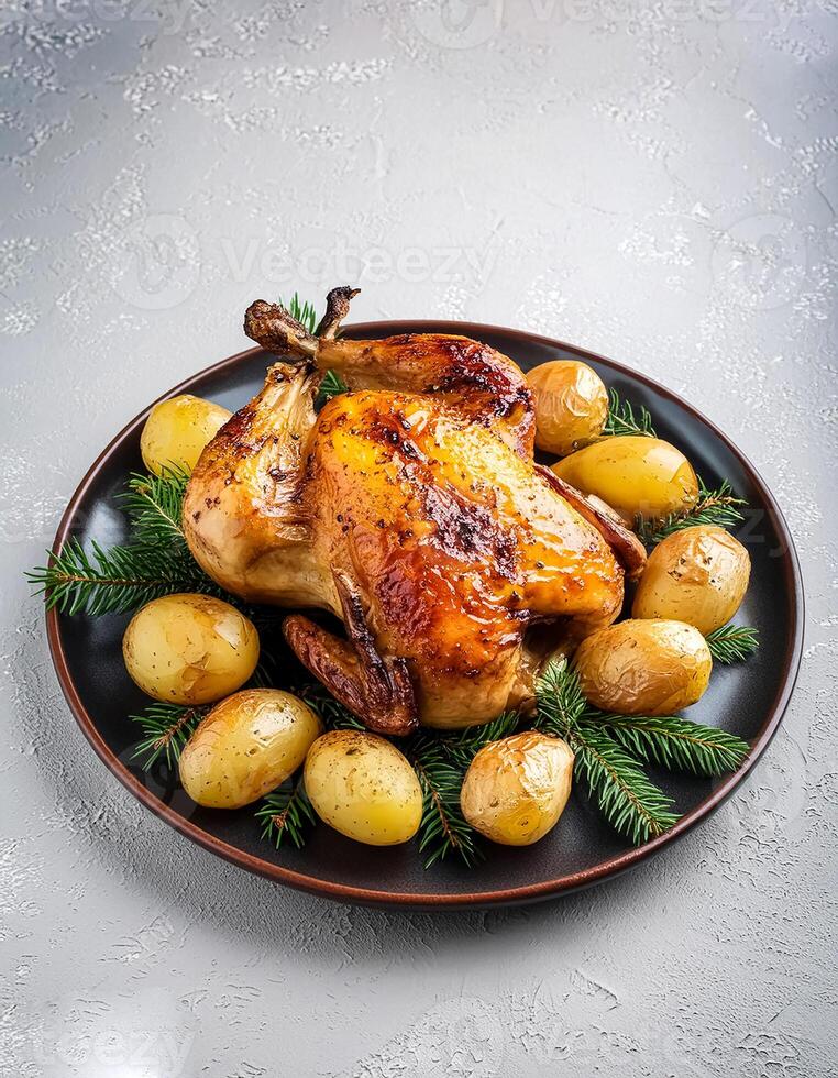 Creative food concept. Roasted chicken with potatoes on dark plate. Close-up. Top-view. against a white background.-Roasted chicken It's a golden brown color that's freshly baked. mock up. photo