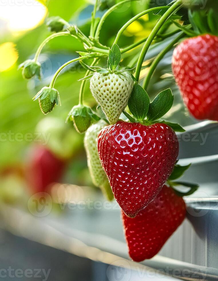 Sweet hundreds of strawberries fruit still hanging on the tree photo