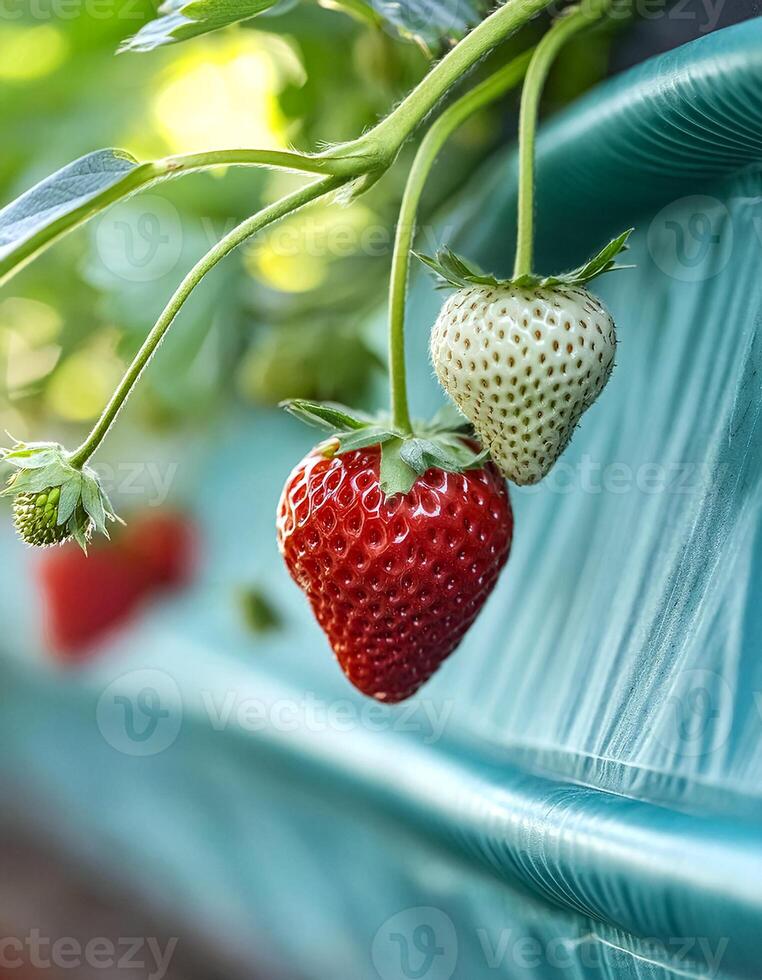 Sweet hundreds of strawberries fruit still hanging on the tree photo