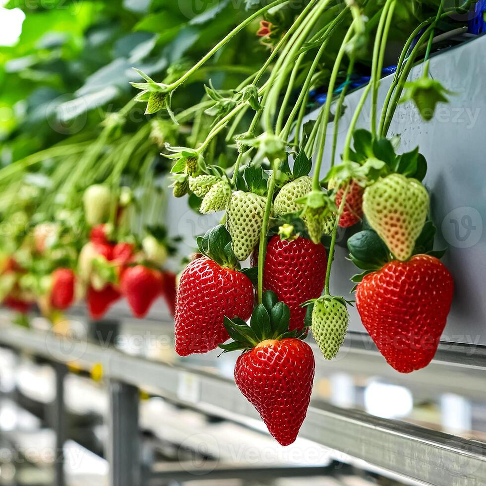 Sweet hundreds of strawberries fruit still hanging on the tree photo