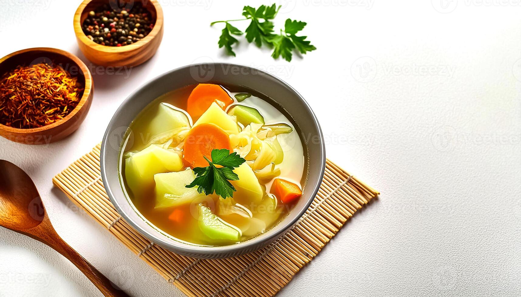 Top view of Sop Sayur or Indonesian vegetable soup, made from carrots, cabbage and potatoes. photo