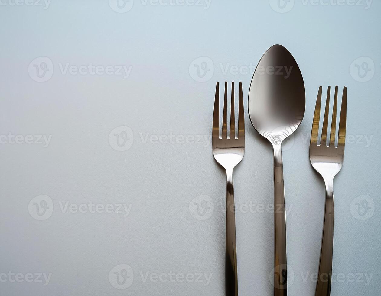 spoon and fork kept on white background. ready to eat concept. flat lay background concept photo