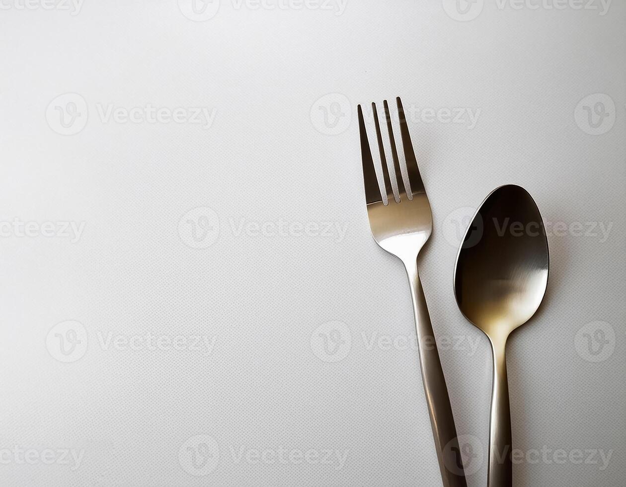 spoon and fork kept on white background. ready to eat concept. flat lay background concept photo