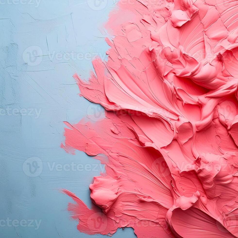 Abstract pink oil paint texture on blue canvas or wall. Minimalistic background with copy space. photo