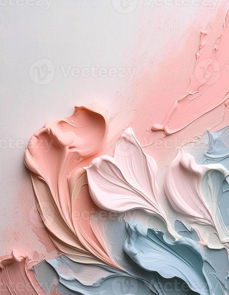 Abstract pastel oil paint texture on white canvas or wall. Minimalistic background with copy space. photo