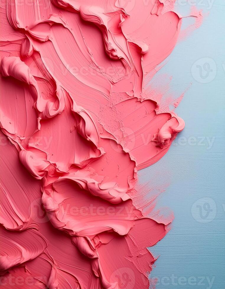 Abstract pink oil paint texture on blue canvas or wall. Minimalistic background with copy space. photo