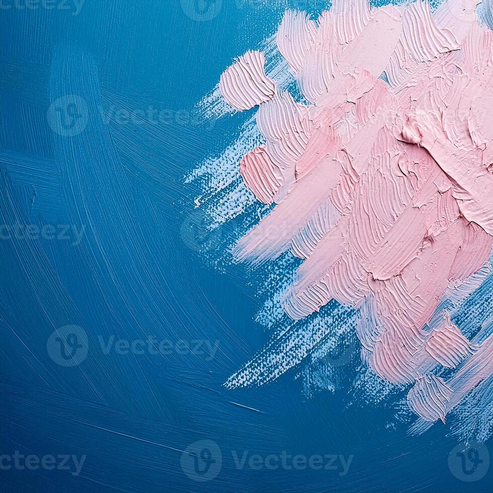 Abstract pink oil paint texture on blue canvas or wall. Minimalistic background with copy space. photo