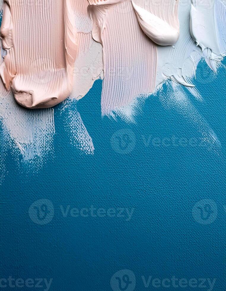 Abstract pink oil paint texture on blue canvas or wall. Minimalistic background with copy space. photo
