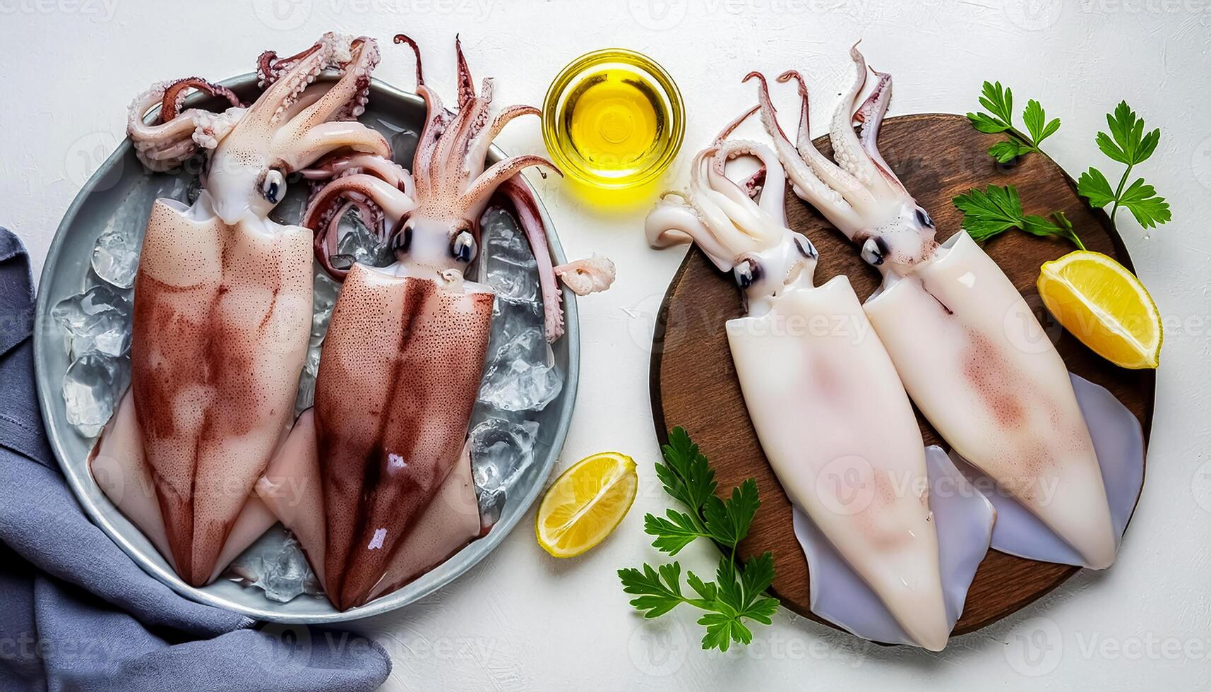 fresh raw squid, seafood. From nature, top view. It is isolated on white background. photo