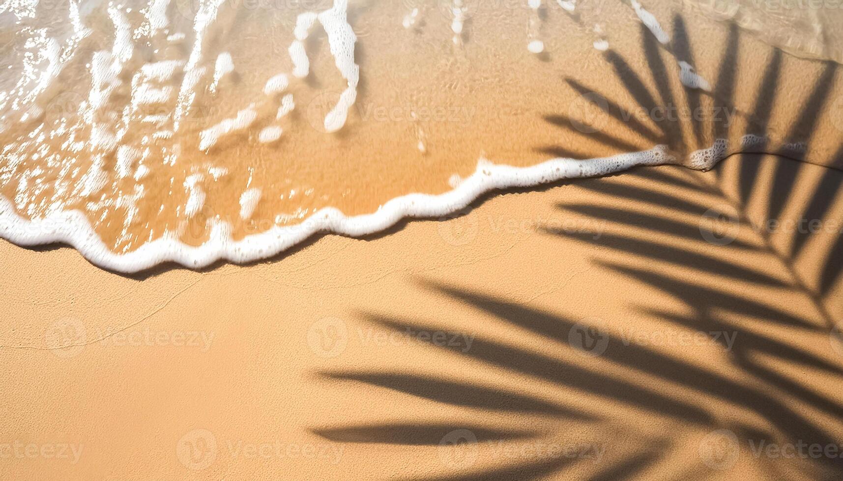 empty abstract sand beach with palm leaf shadow and transparent water wave from above, blank background banner for travel, vacation and wellbeing with copy space. top of views, aerial views. photo