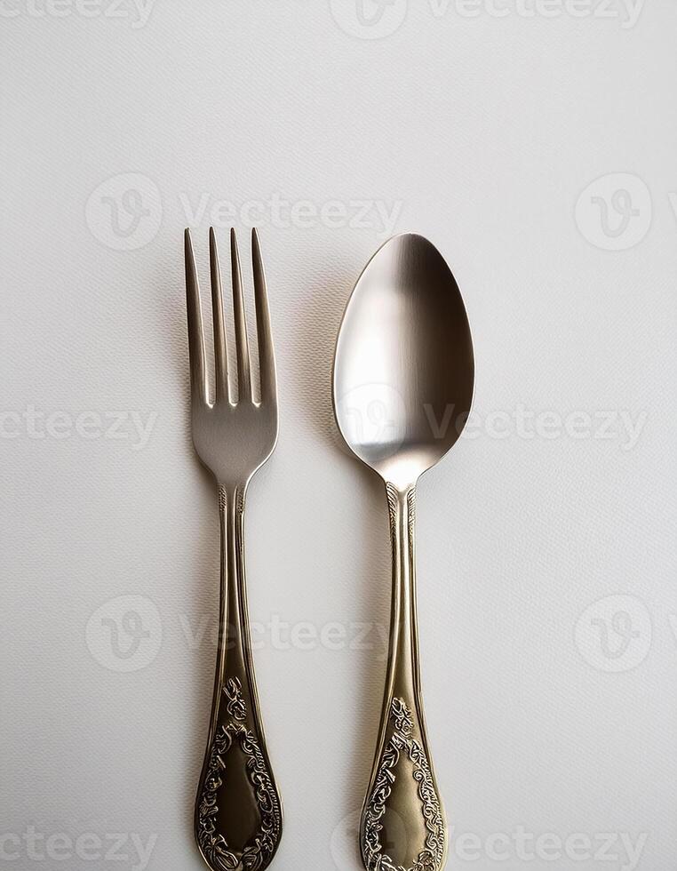 spoon and fork kept on white background. ready to eat concept. flat lay background concept photo